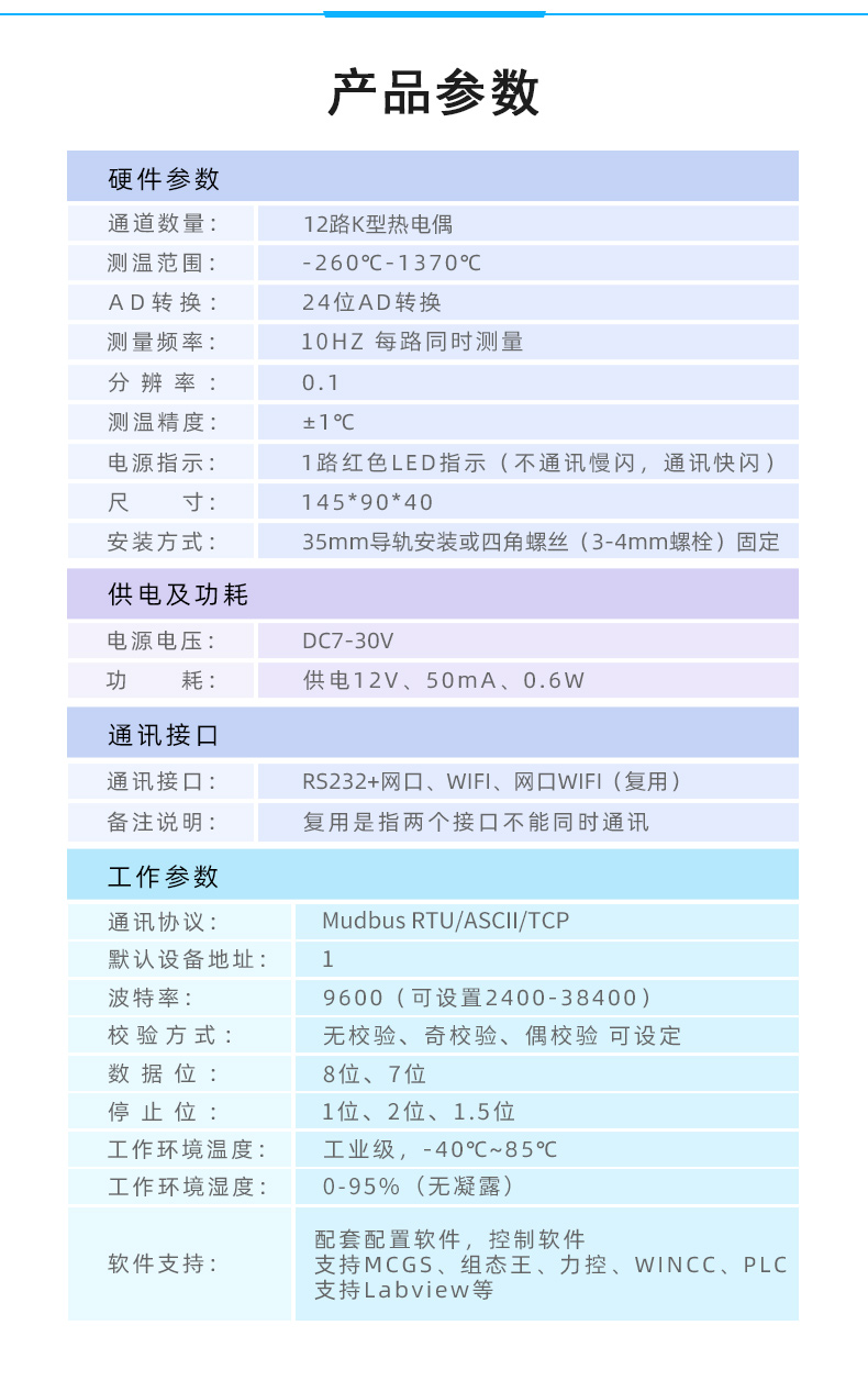 JY-DAM-TC12 12路熱電偶溫度采集模塊參數(shù)