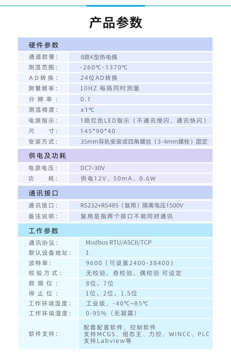 JY-DAM-TC8 8路熱電偶溫度采集模塊參數